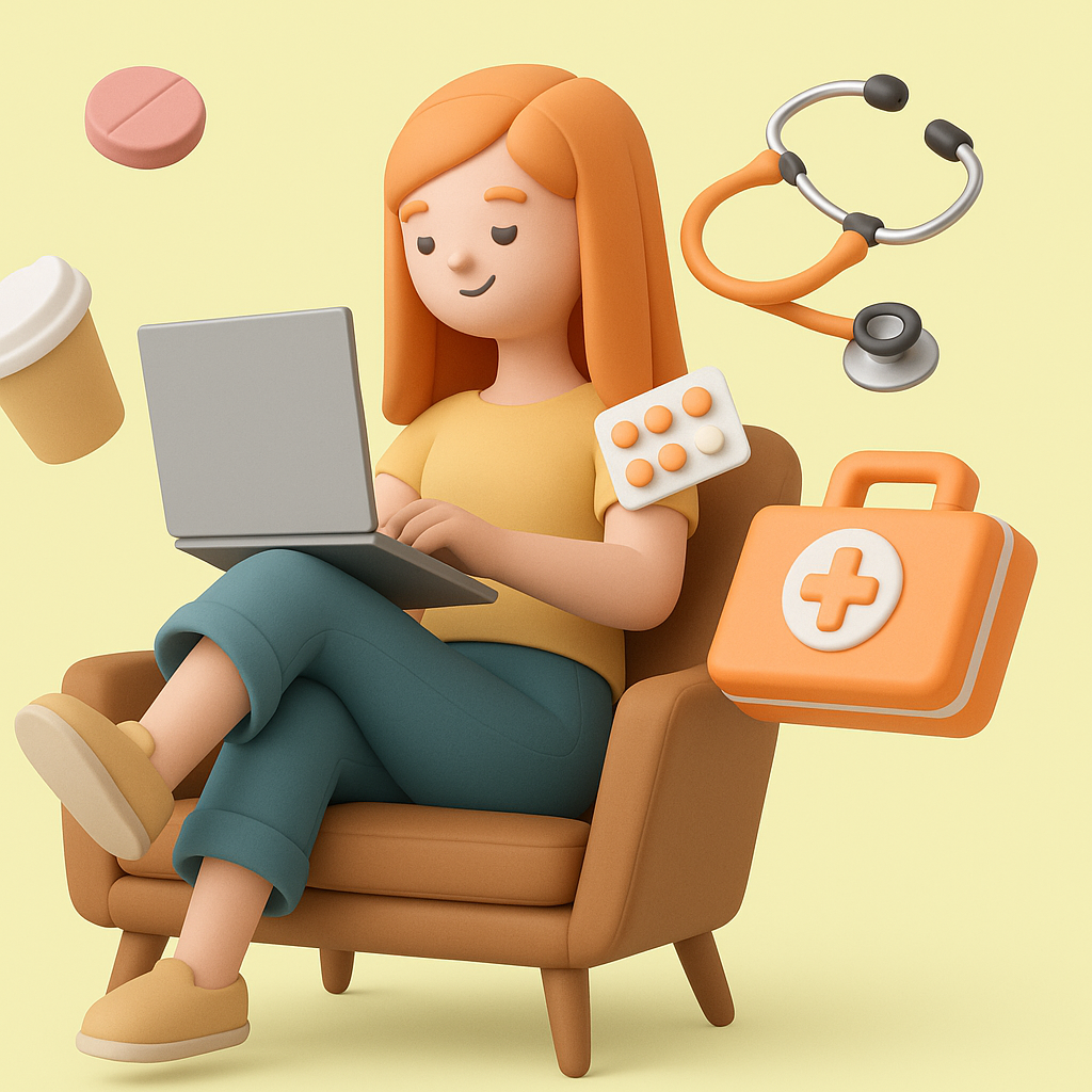 A 3D cartoon character with orange hair sitting on a chair-Health Nova